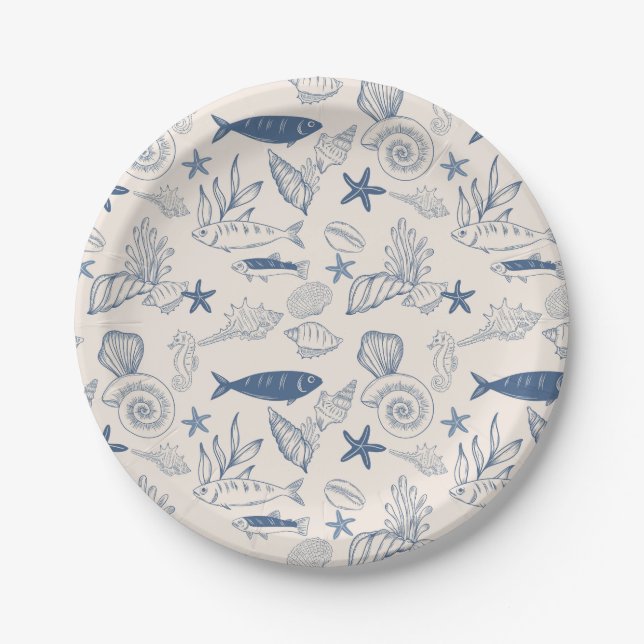 Prato De Papel Blue toile Ocean Paper Plate (Frente)