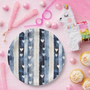 Prato De Papel Blue White Denim Heart Stripes Birthday