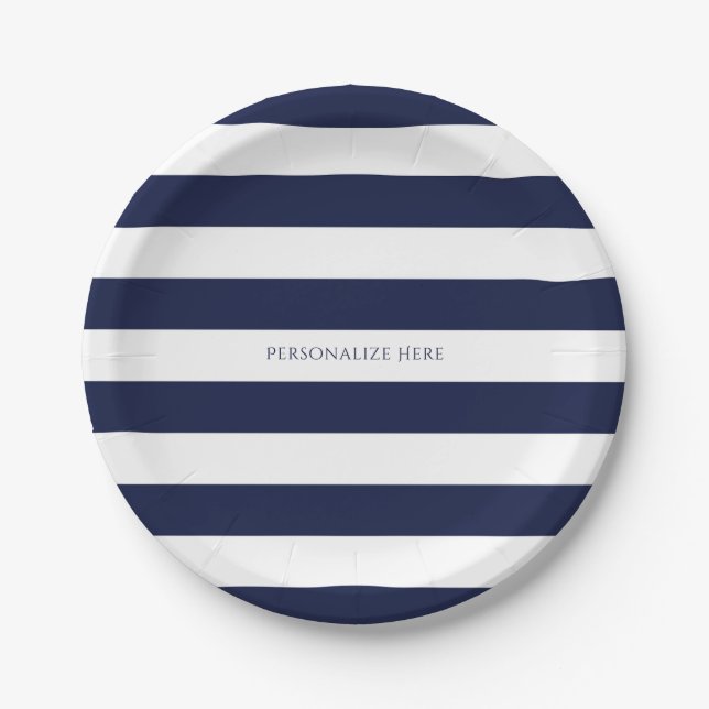 Prato De Papel Blue & White Stripes Modern Stripes Personalizadas (Frente)