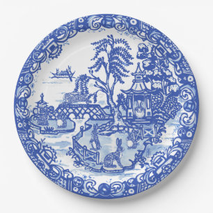 Prato De Papel Blue Willow Rabbit Classical Whimsical Asian