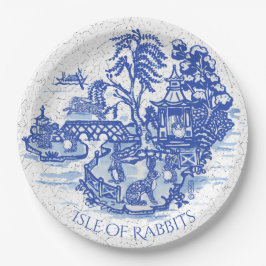 Prato De Papel Blue Willow Rabbit Island Whimsical Classical Art