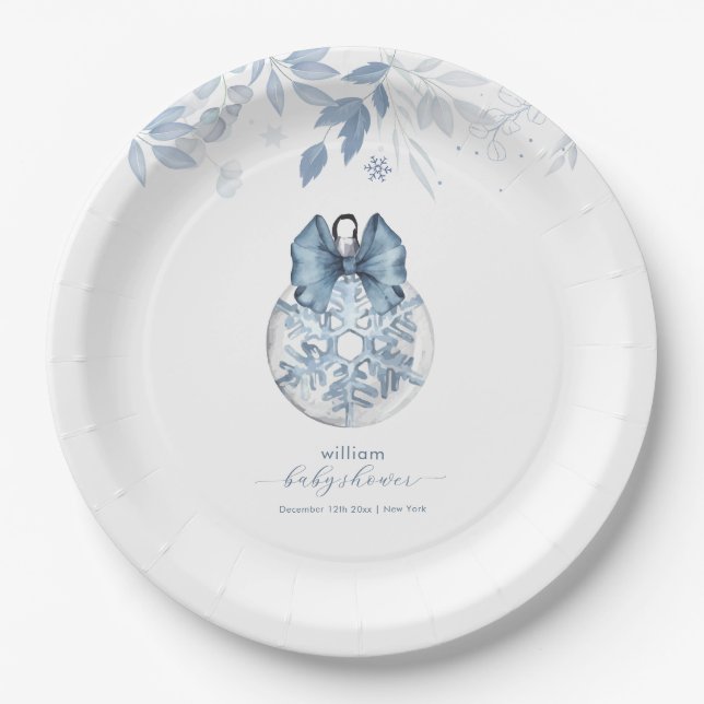 Prato De Papel Blue Winter Bow Snowflake Ornament Baby Shower  (Frente)