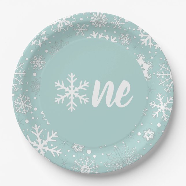 Prato De Papel Blue Winter First Birthday Snowflake One Plates (Frente)