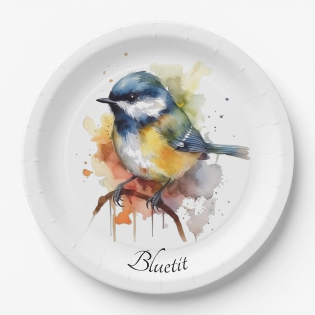 Prato De Papel Bluetit bonito em uma ramificação, personalizado (Frente)