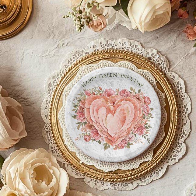 Prato De Papel Blush Baroque Rococo Floral Heart Galentine   (Criador carregado)