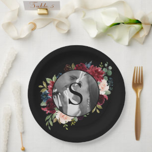 Prato De Papel Blush Burgundy Foto Monograma Casamento Floral