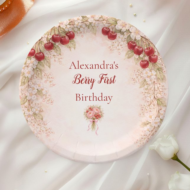 Prato De Papel Blush Cherry Botanical Party 1st Birthday (Criador carregado)