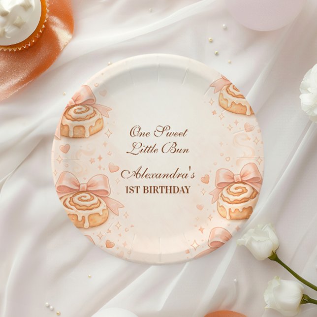 Prato De Papel Blush Cinnamon Bow Little Bun 1st Birthday (Criador carregado)