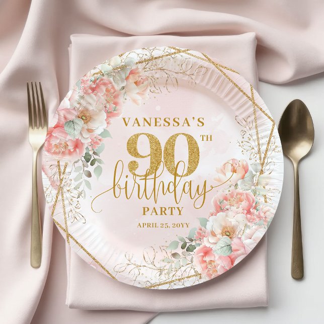 Prato De Papel Blush Floral Quadro Personalizado de Aniversário d (Blush Floral Gold Frame Personalized 90th Birthday Plate)