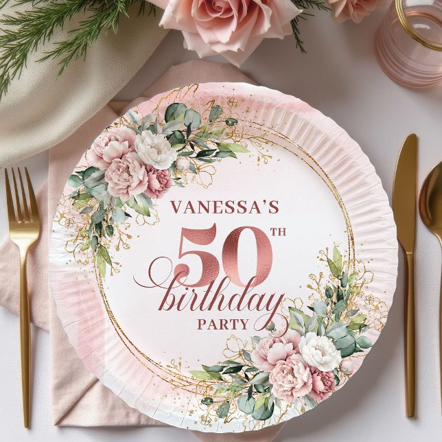 Prato De Papel Blush Floral Rose Gold 50th Birthday Party Plates (Blush Floral Rose Gold 50th Birthday Party Plates)
