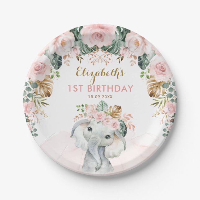 Prato De Papel Blush Floral Tropical Boho Elephant Birthday Girl (Frente)