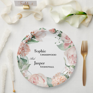 Prato De Papel Blush Floral White Weding Paper Plates