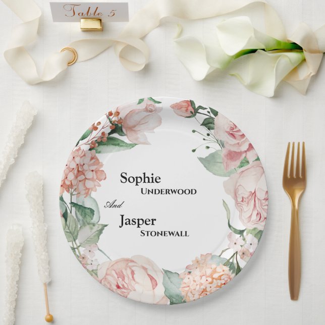 Prato De Papel Blush Floral White Weding Paper Plates (Casamento)