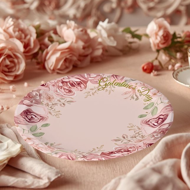 Prato De Papel Blush Garden Roses Galentine Brunch Table Florals (Criador carregado)