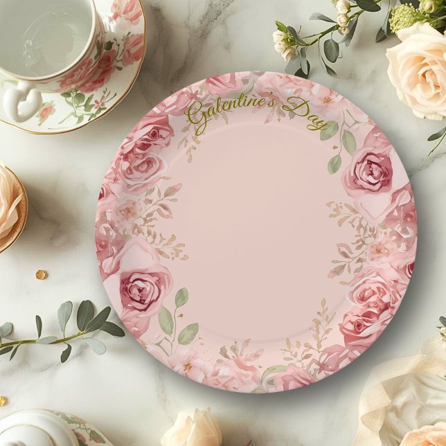 Prato De Papel Blush Garden Roses Galentine Brunch Table Florals (Criador carregado)