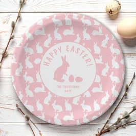 Prato De Papel Blush Pink And White Bunny Pattern Happy Easter