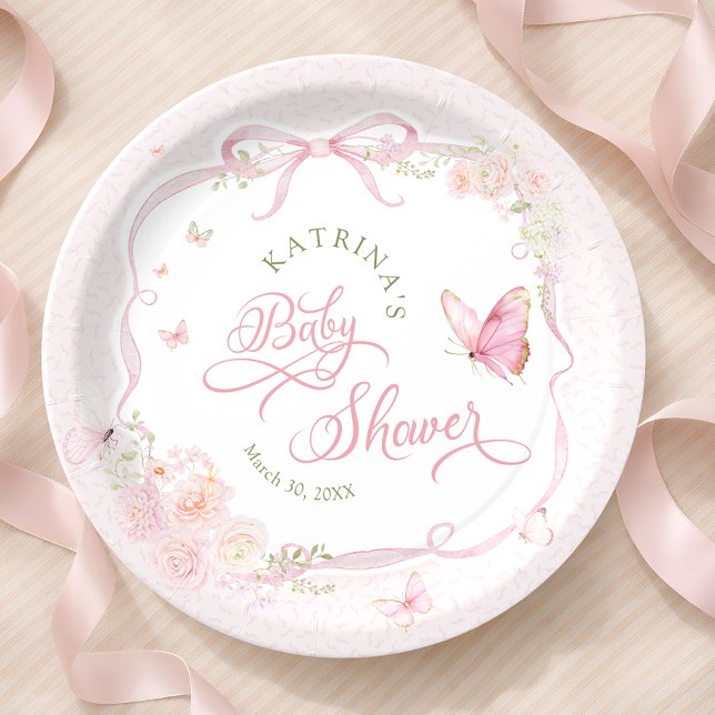 Prato De Papel Blush Pink Butterfly Floral Girl Baby Shower (Criador carregado)