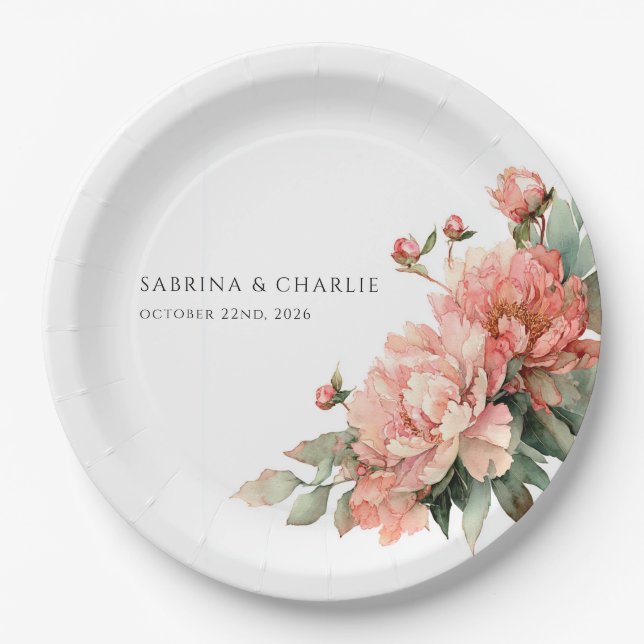 Prato De Papel Blush Pink Coral Peony Elegant Feminine Wedding  (Frente)