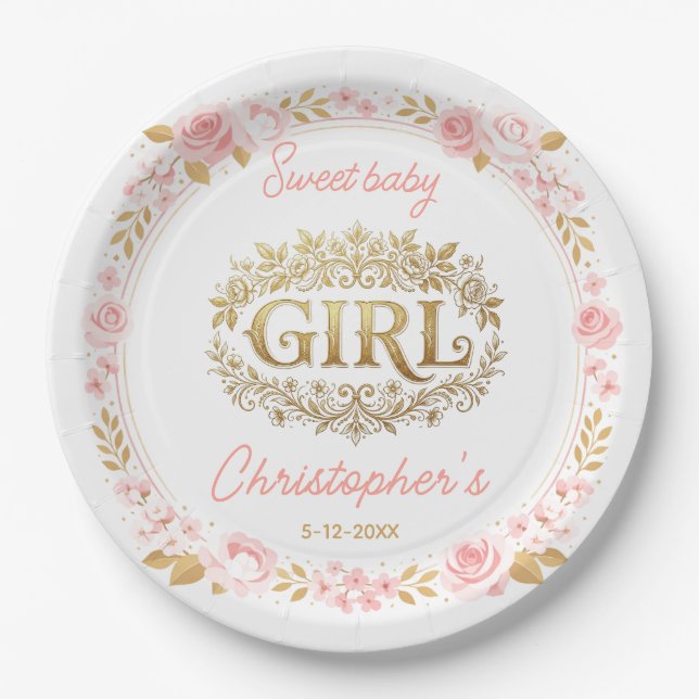Prato De Papel Blush Pink & Gold Floral Girl Baby Shower (Frente)