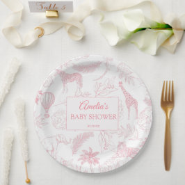 Prato De Papel Blush Pink Jungle Safari Animals Baby Shower
