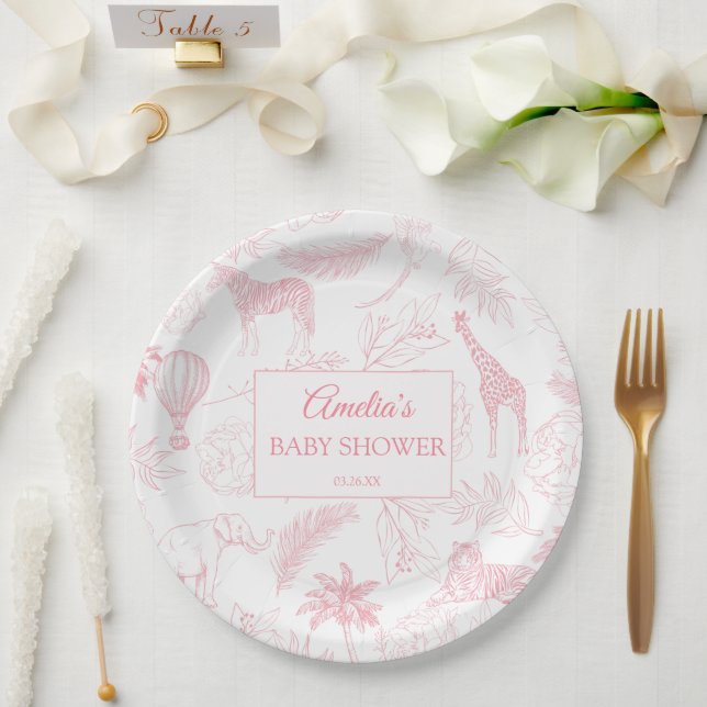 Prato De Papel Blush Pink Jungle Safari Animals Baby Shower (Casamento)