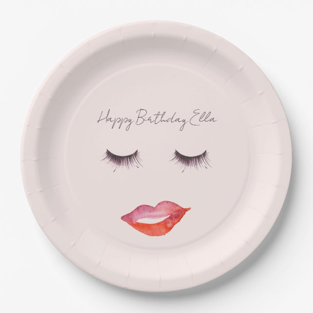 Prato De Papel Blush Pink Lips and Eyelashes Birthday (Frente)