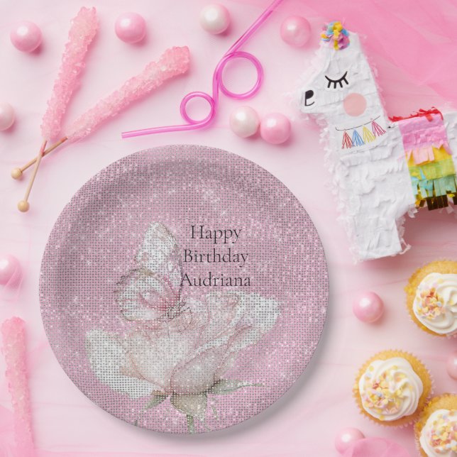 Prato De Papel Blush Pink Rose Butterfly Sparkle Birthday (Festa)