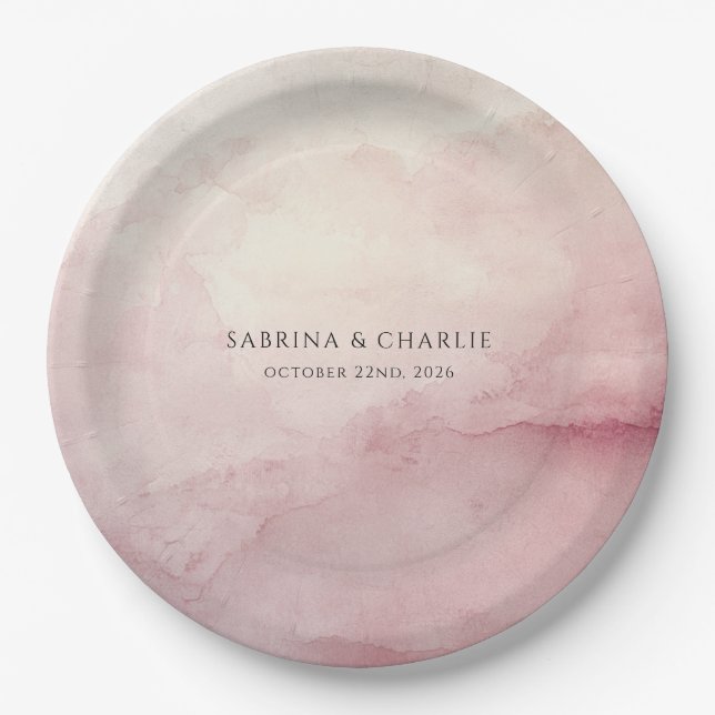 Prato De Papel Blush Pink Watercolor Wash Elegant Wedding  (Frente)
