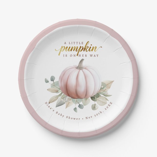 Prato De Papel Blush Pumpkin Fall Baby Shower Paper Plates (Frente)
