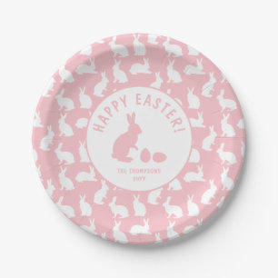 Prato De Papel Blush Rosa e Branco Padrão Coelho Feliz Páscoa