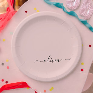 Prato De Papel Blush Rosa Empoeirado Nome Monograma Moderno Femin