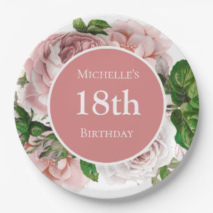 Prato De Papel Blush Rosa Floral Vintage Verde 18º Aniversário