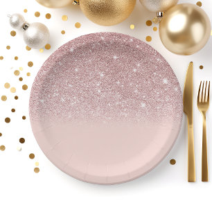 Prato De Papel Blush Rosa Ombre Brilho Dourado Rosa