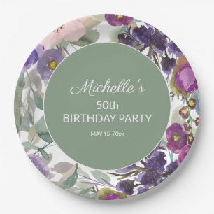 Prato De Papel Blush Roxo Floral Verde Sage Aniversário de 50 ano