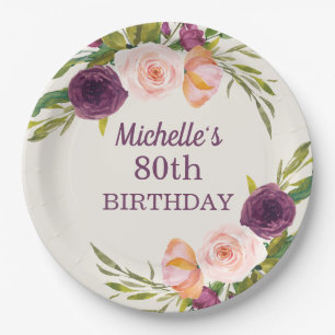 Prato De Papel Blush Roxo Rosa Floral Creme 80º Aniversário