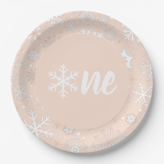 Prato De Papel Blush Winter First Birthday Snowflake One Plates (Frente)