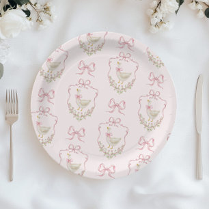 Prato De Papel Bobo ganso Arco cor-de-rosa chá de fraldas de vinh