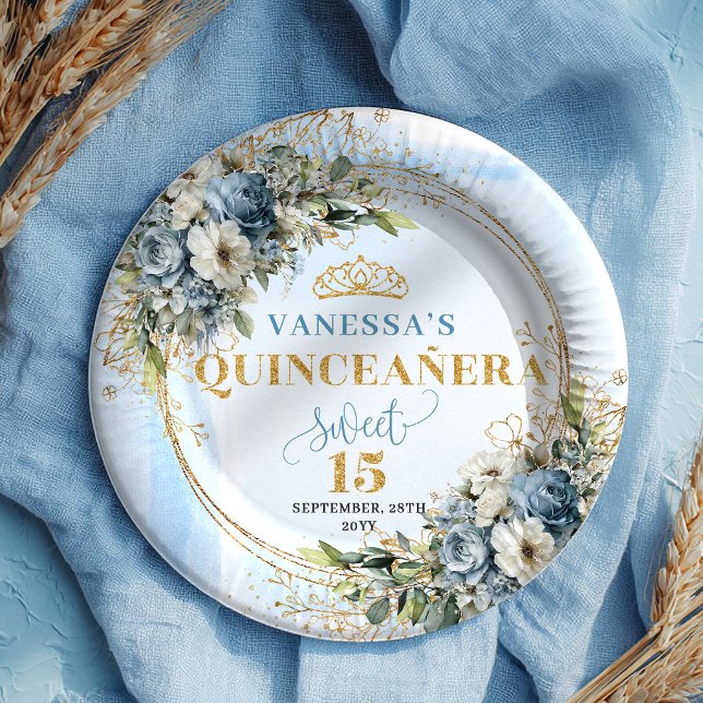 Prato De Papel Bohemian Blue Floral Gold Custom Name Quince Plate (Bohemian Blue Floral Gold Custom Name Quince Plates)