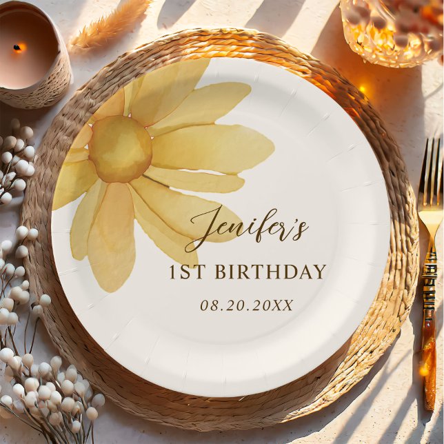 Prato De Papel Bohemian Yellow Daisy Floral Festa de aniversário (Criador carregado)