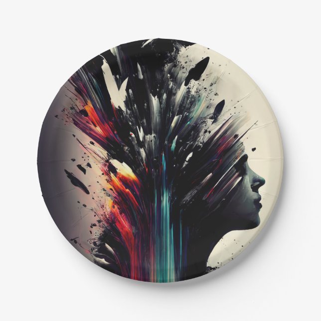 Prato De Papel Boho abstrato art com cara de menina (Frente)
