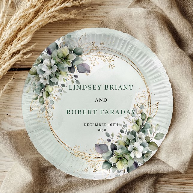 Prato De Papel Boho Aquarela Verde Personalizado Casamento   (Boho Watercolor Greenery Personalized Wedding Paper Plates)