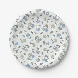 Prato De Papel Boho Beach Cherries - padrão de frutas azul sálvia