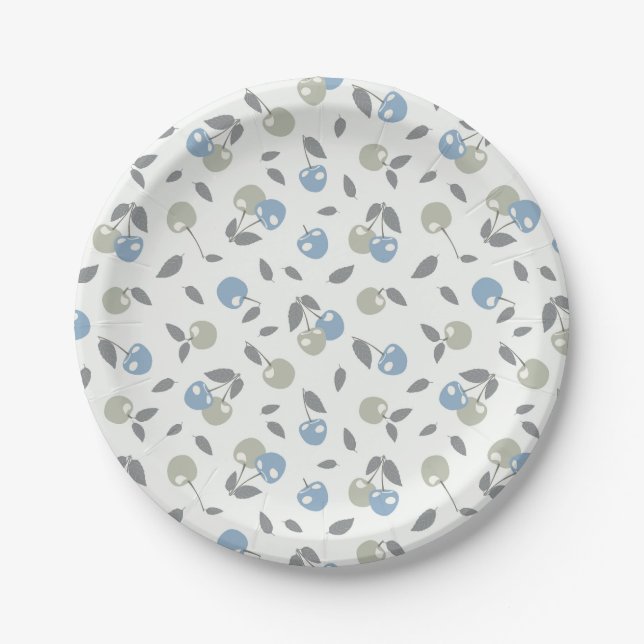 Prato De Papel Boho Beach Cherries - sage blue fruit pattern. (Frente)