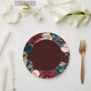 Prato De Papel Boho Bloom Vermelho Escuro Elegante e Azul Marin