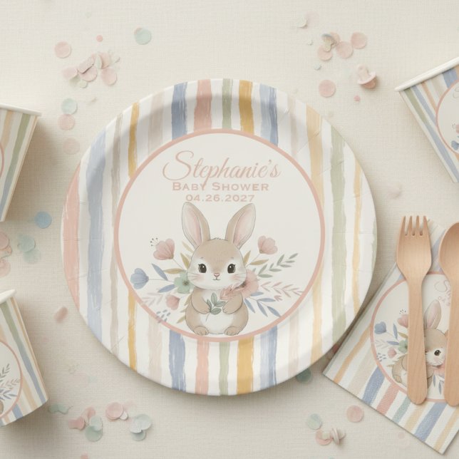 Prato De Papel Boho Bunny Watercolor Stripe Plate (Boho bunny watercolor striped baby shower paper plate)