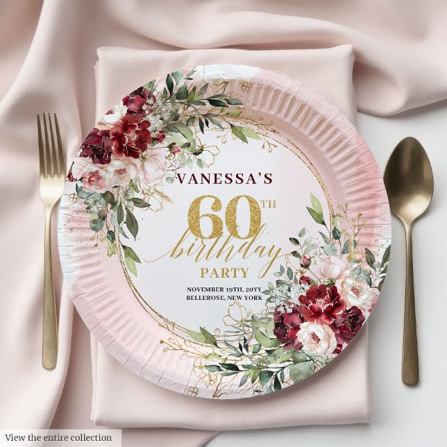 Prato De Papel Boho Burgundy Gold Floral Elegant 60th Birthday  (Boho Burgundy Gold Floral Elegant 60th Birthday Plates)