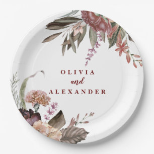 Prato De Papel Boho Burgundy Rosas caem no casamento floral