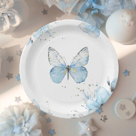 Prato De Papel Boho Butterfly Wildflower Floral Blue Baby Shower