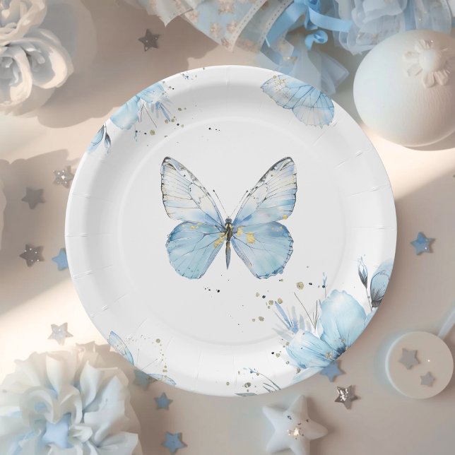 Prato De Papel Boho Butterfly Wildflower Floral Blue Baby Shower (Criador carregado)