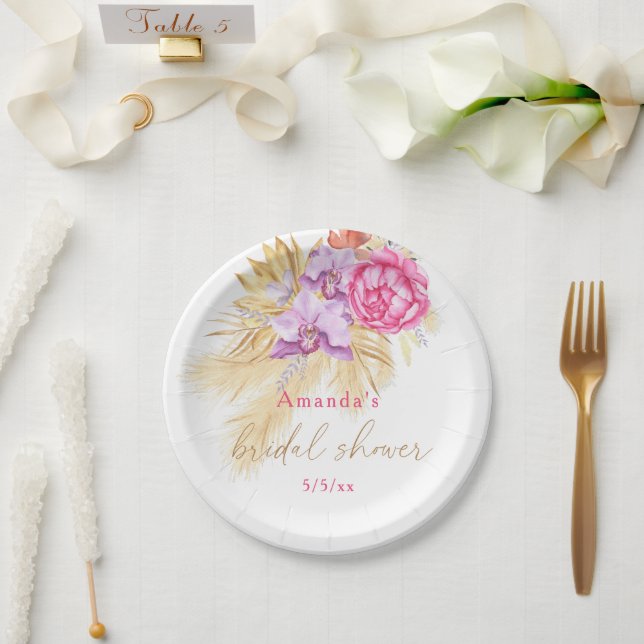 Prato De Papel Boho capim-dos-pampas - Chás de noiva  (Casamento)